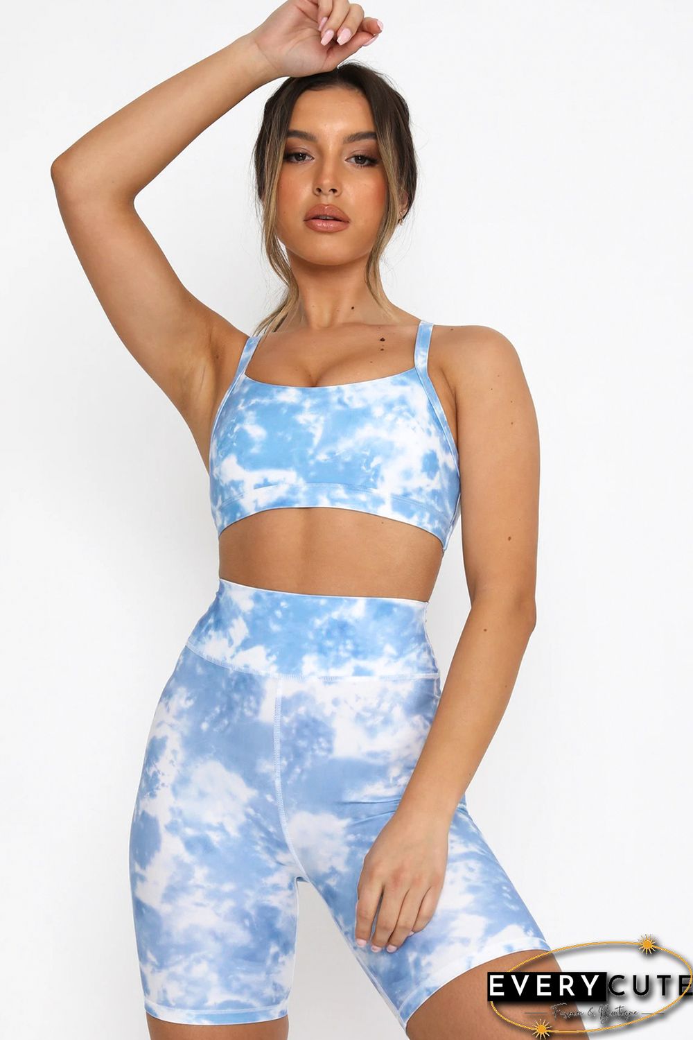 Sky Blue Tie-dye Print Sports Bra Shorts Set