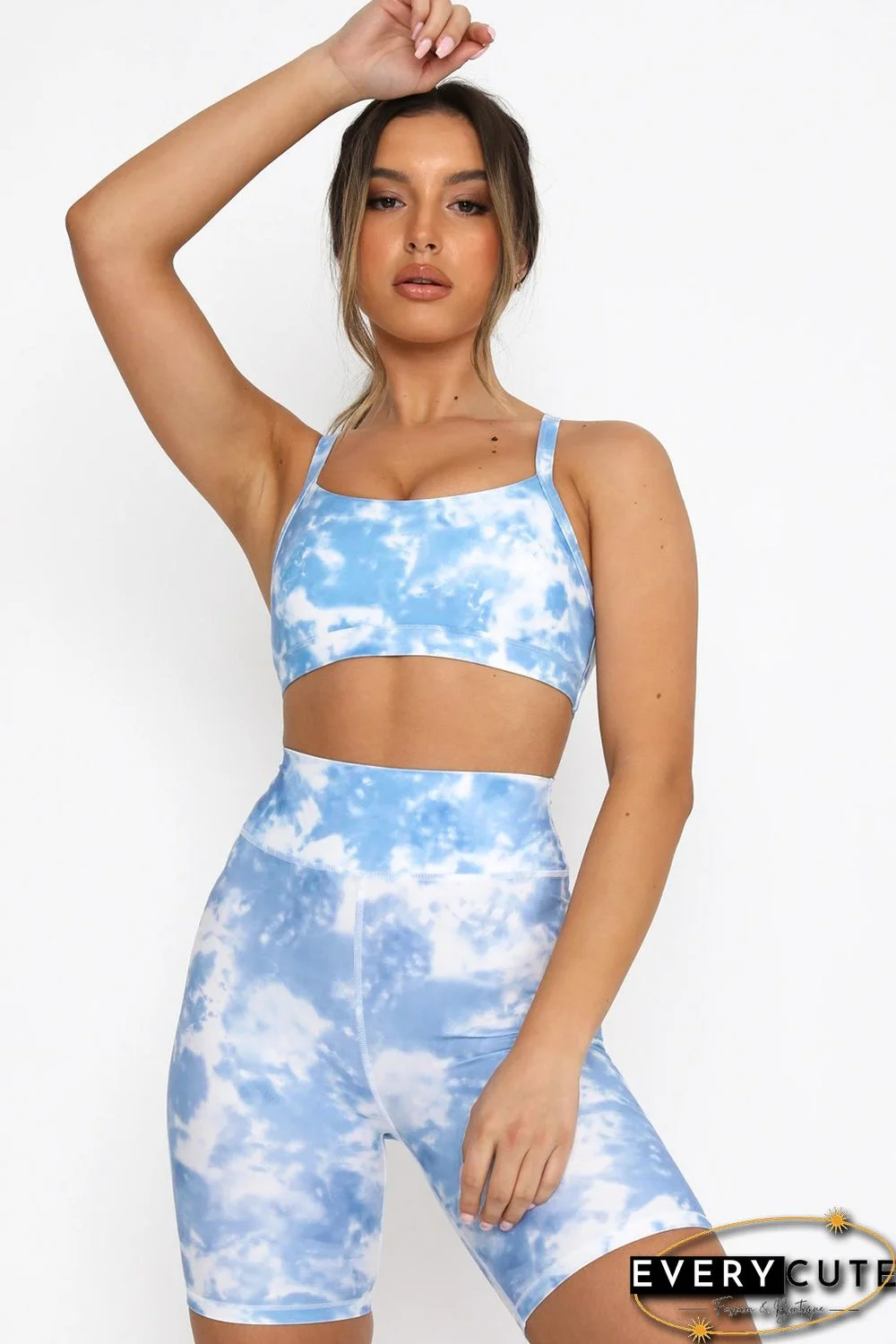 Sky Blue Tie-dye Print Sports Bra Shorts Set