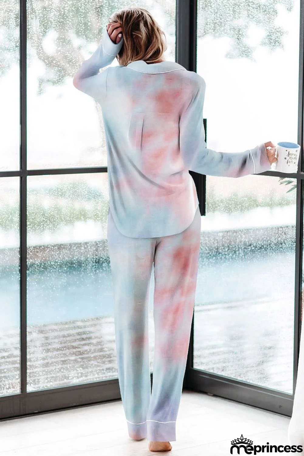 Multicolor Tie-dye Long Sleeve Shirt with Pants Lounge Set