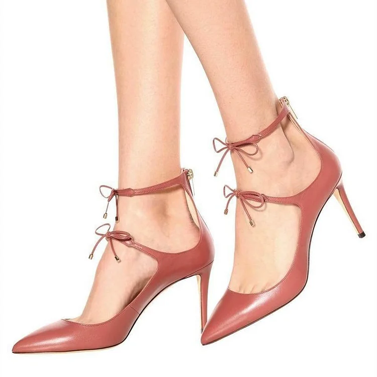 Blush Bow Ankle Strap Heels Stiletto Heel Pointed Toe Pumps |FSJ Shoes