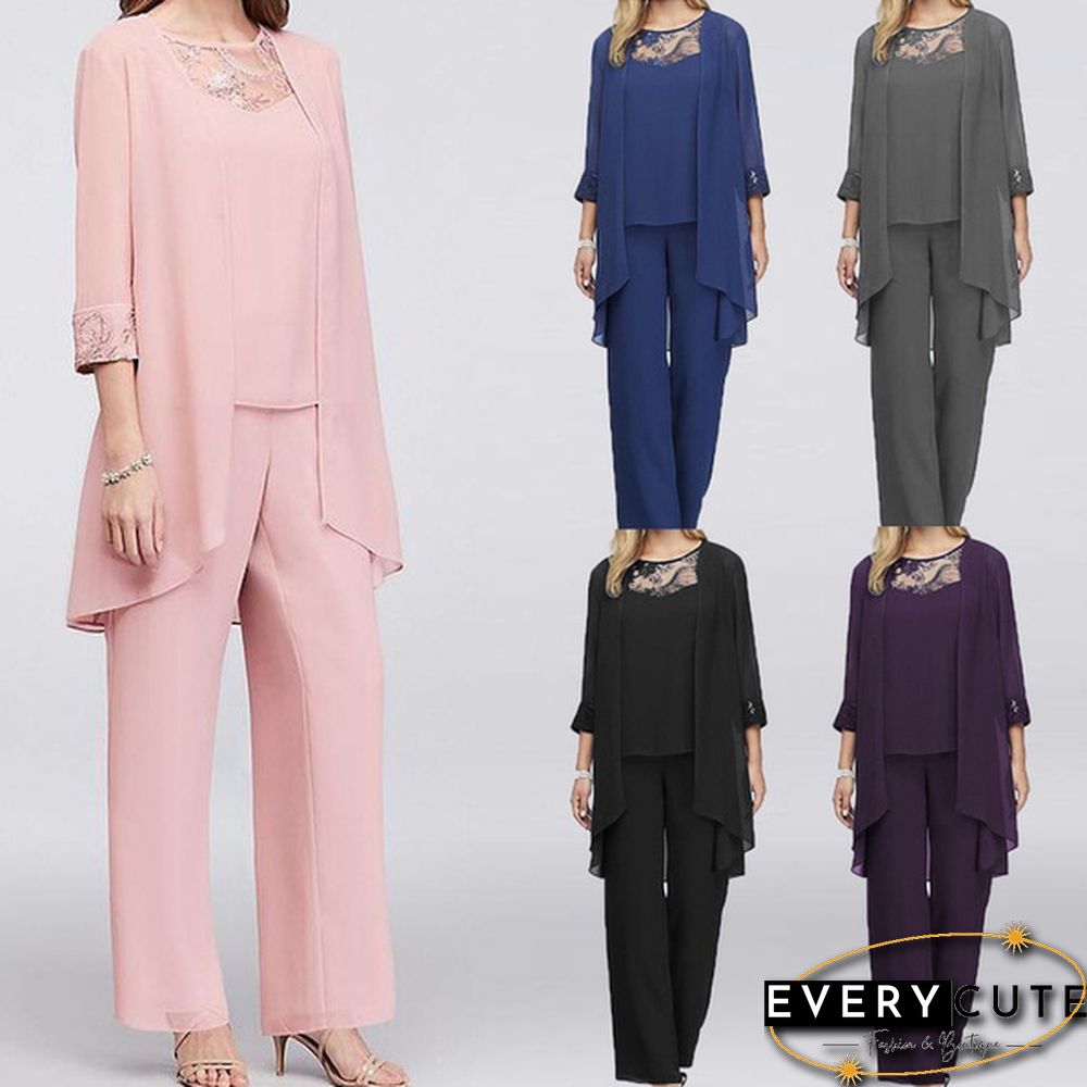 Women Chiffon Top Mother Of Bride Dress Georgette Three-Piece Pantsuit Office Formal Dress Plus Size 5Xl
