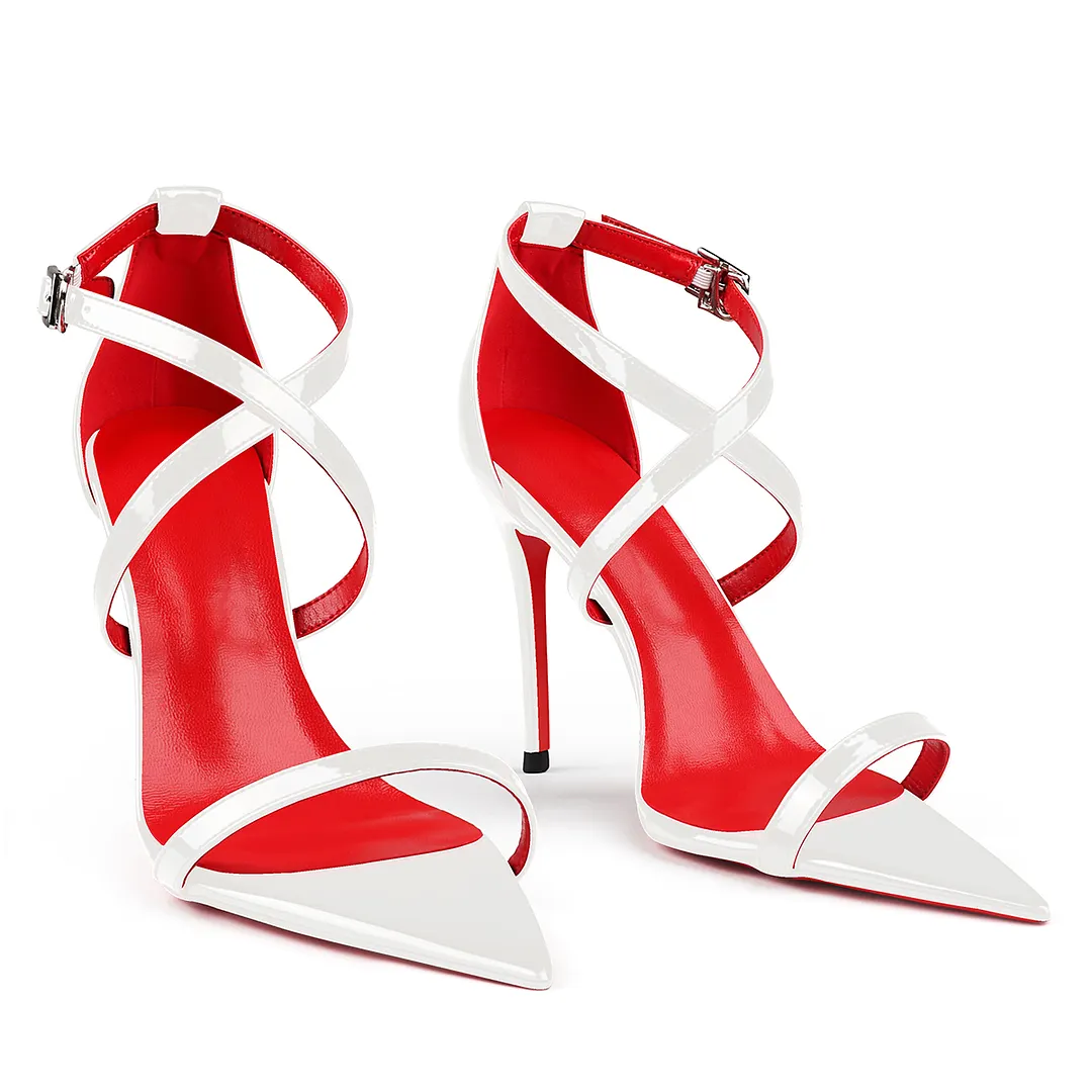 100mm Red Lined Thin Cross Strap Pointed Toe High Heels Red Bottom Party Shoes Sandals-vocosishoes