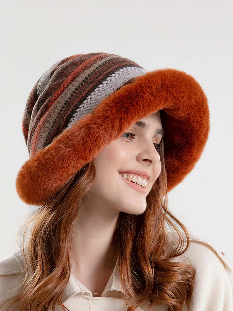Women Winter Knitted Wool Liner Hat-Khaki-Orange