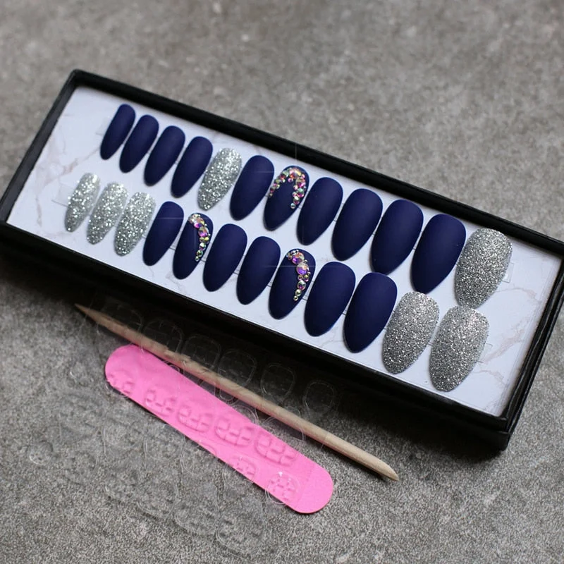 Matte glitter art nails box Match press on nails Burgundy AB rhinestone fasle nails stiletto Custom nails white blue pink-Nail Inspo