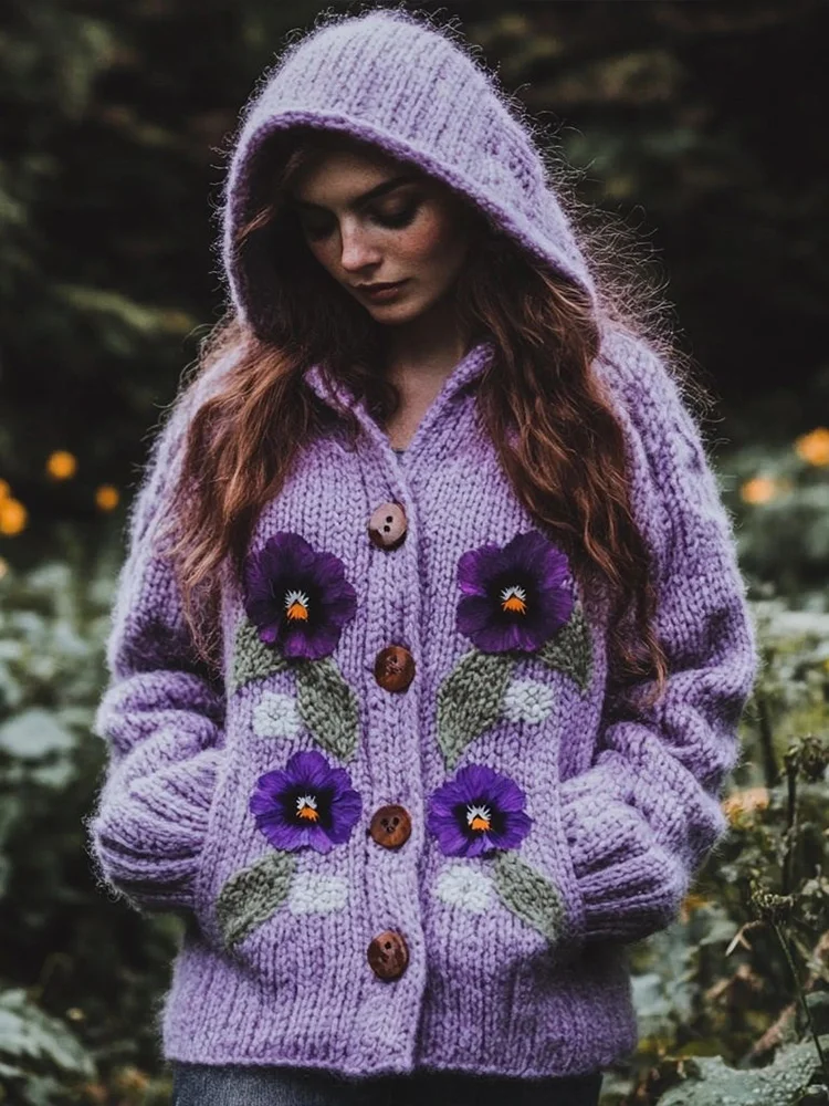 Women's Purple Floral Jacquard Cozy Soft Knit Hooded Cardigan