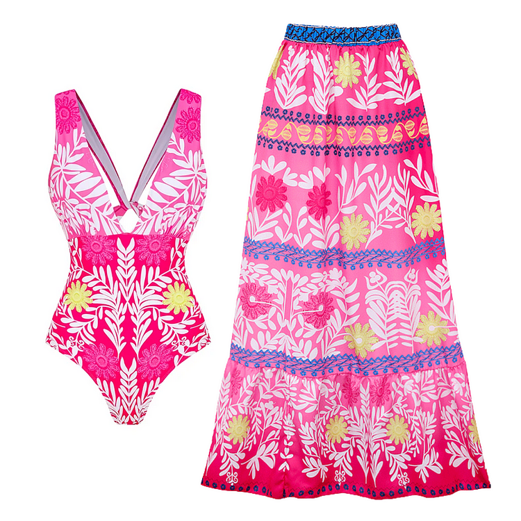 Sexy Deep V Neck Back Lace Up Printed One Piece Swimsuit and Skirt