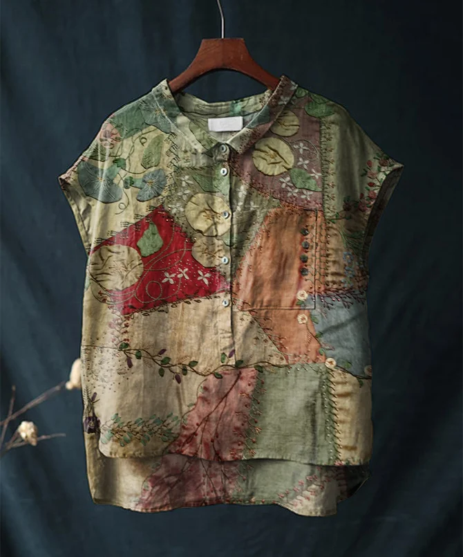 Vintage Floral Print Short-sleeved Cotton and Linen Shirt