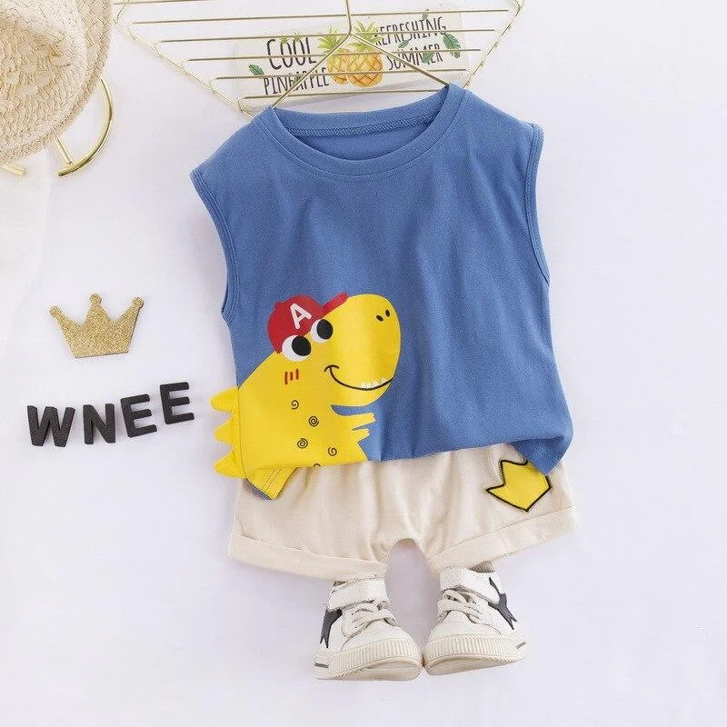 Baby Boys Cartoon Clothes 1 2 3 4 Years Children Outfits Cotton Dinosaur Vest + Shorts Set Soft Toddler Kids Costume
