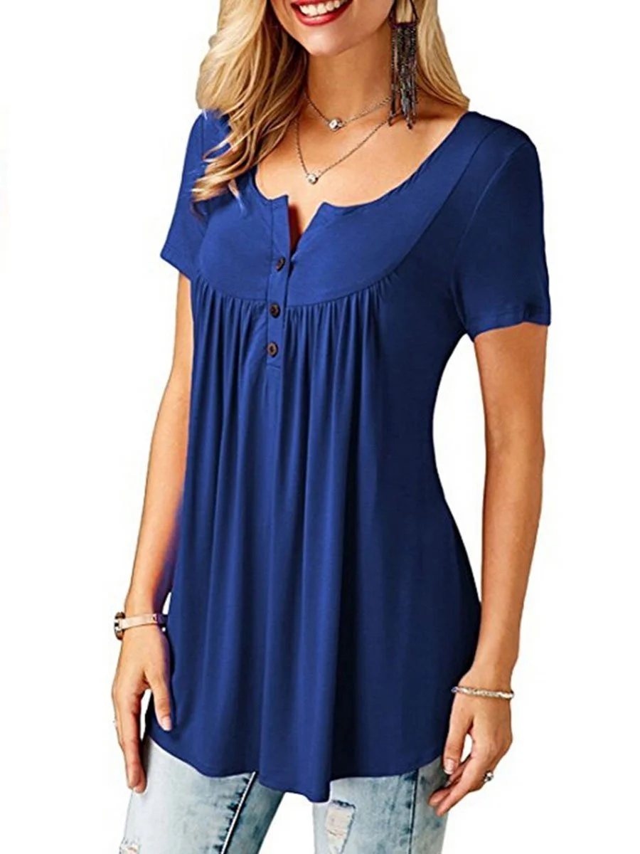 V-Neck  Asymmetric Hem Button Short Sleeve T-Shirts