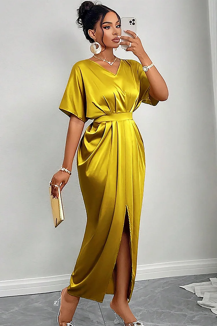 V Neck Short Sleeve Solid Color Cinch Waist Slit Maxi Dresses-Gold