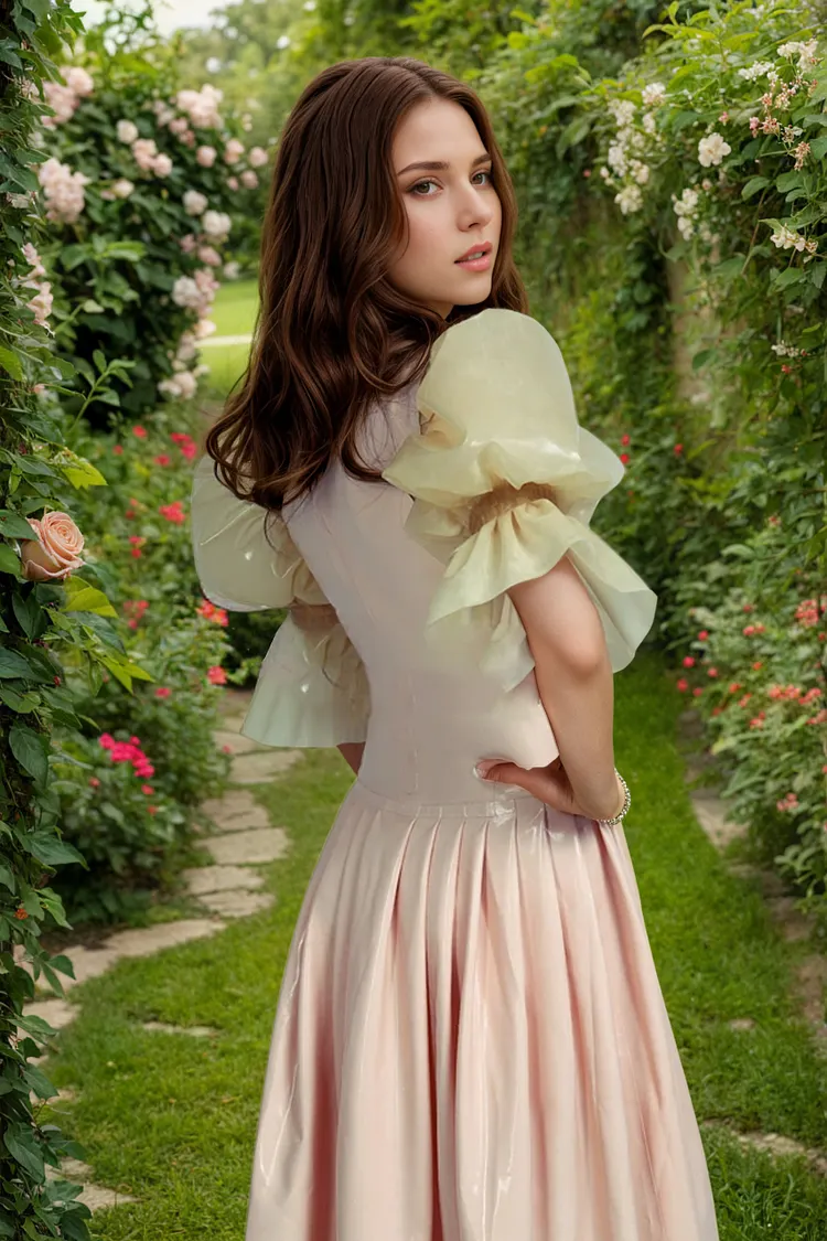 Women Latex Dress Baby Pink Sheer Puff
