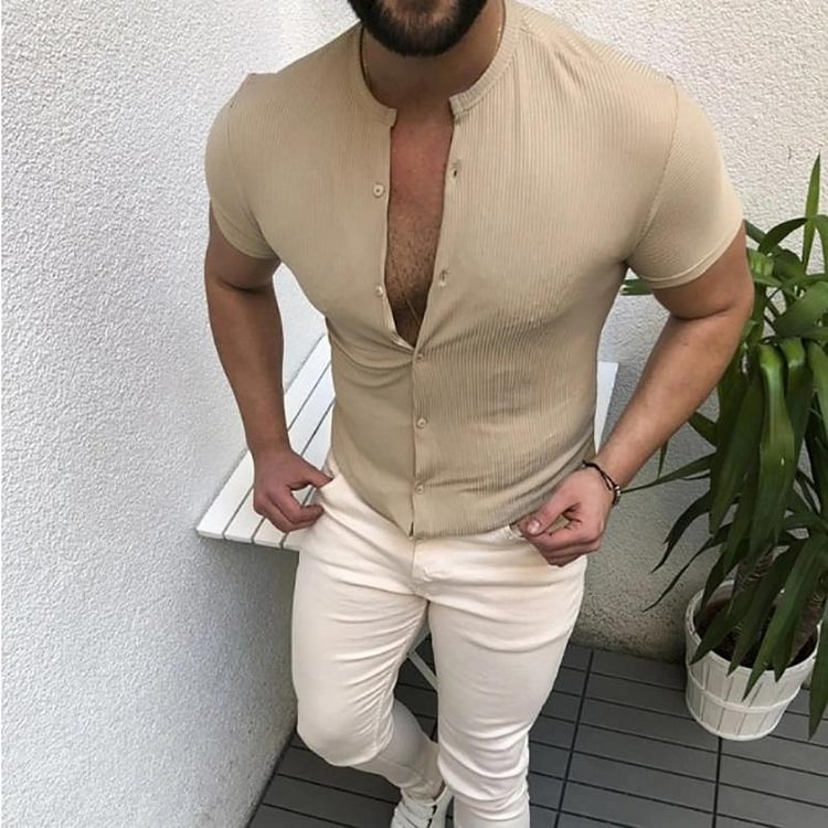 Mens Fashion Pure Color Pit Stripe Slim Fit Shirts