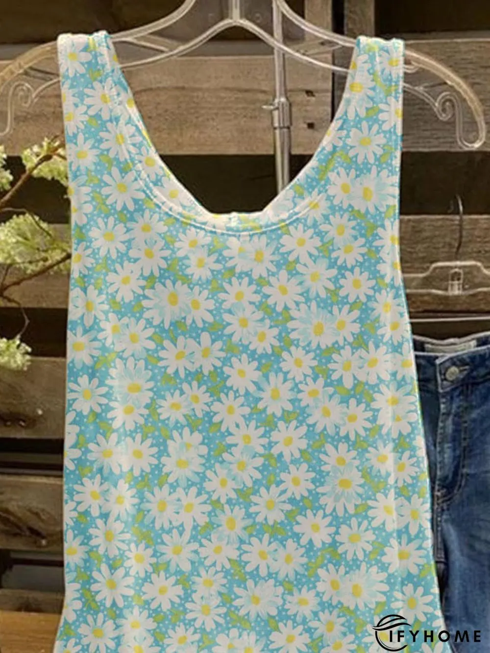 Cotton-Blend Crew Neck Floral Tanks & Camis | IFYHOME
