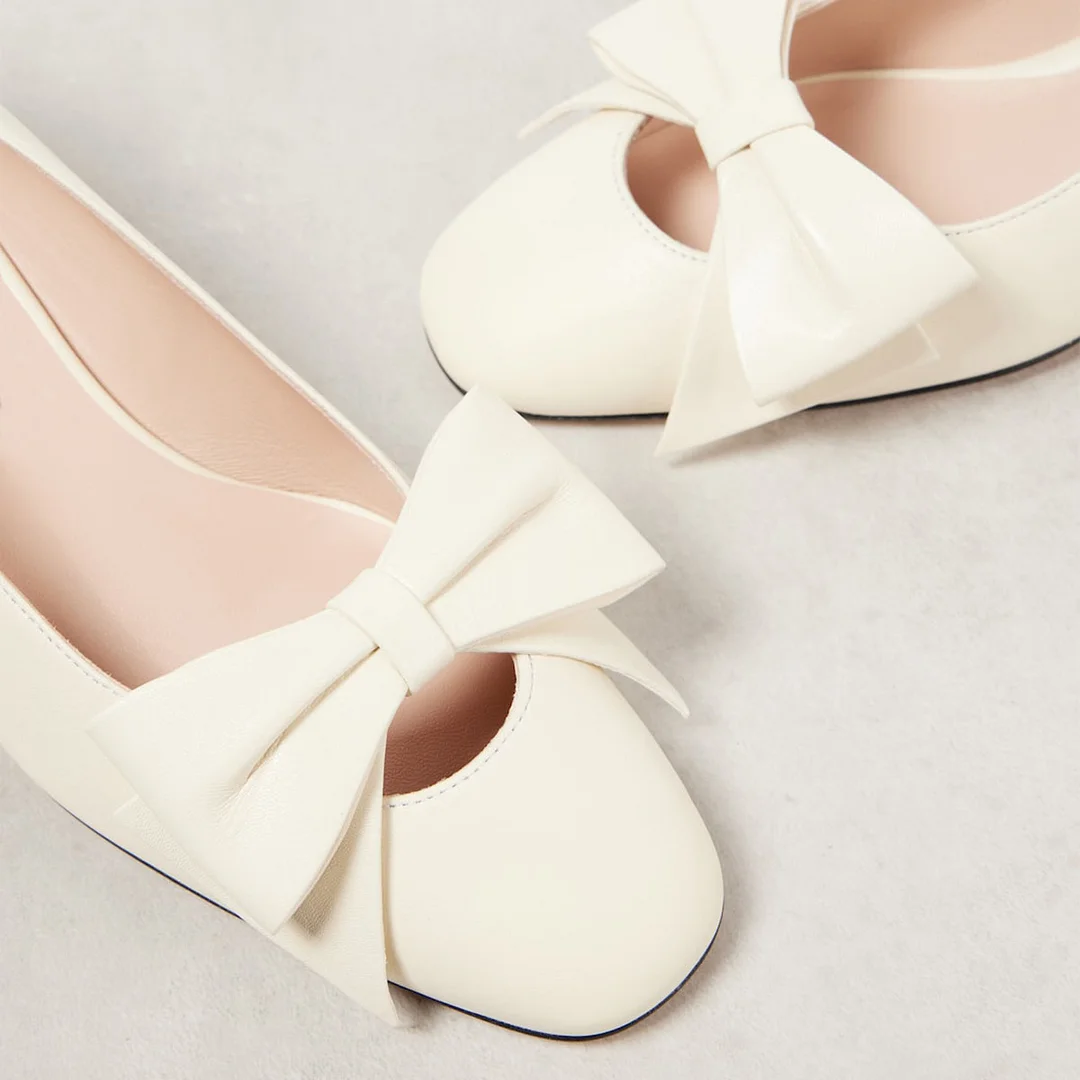 YDN Elegant Beige Vegan Leather Bow Decor Square Toe Pumps Heels