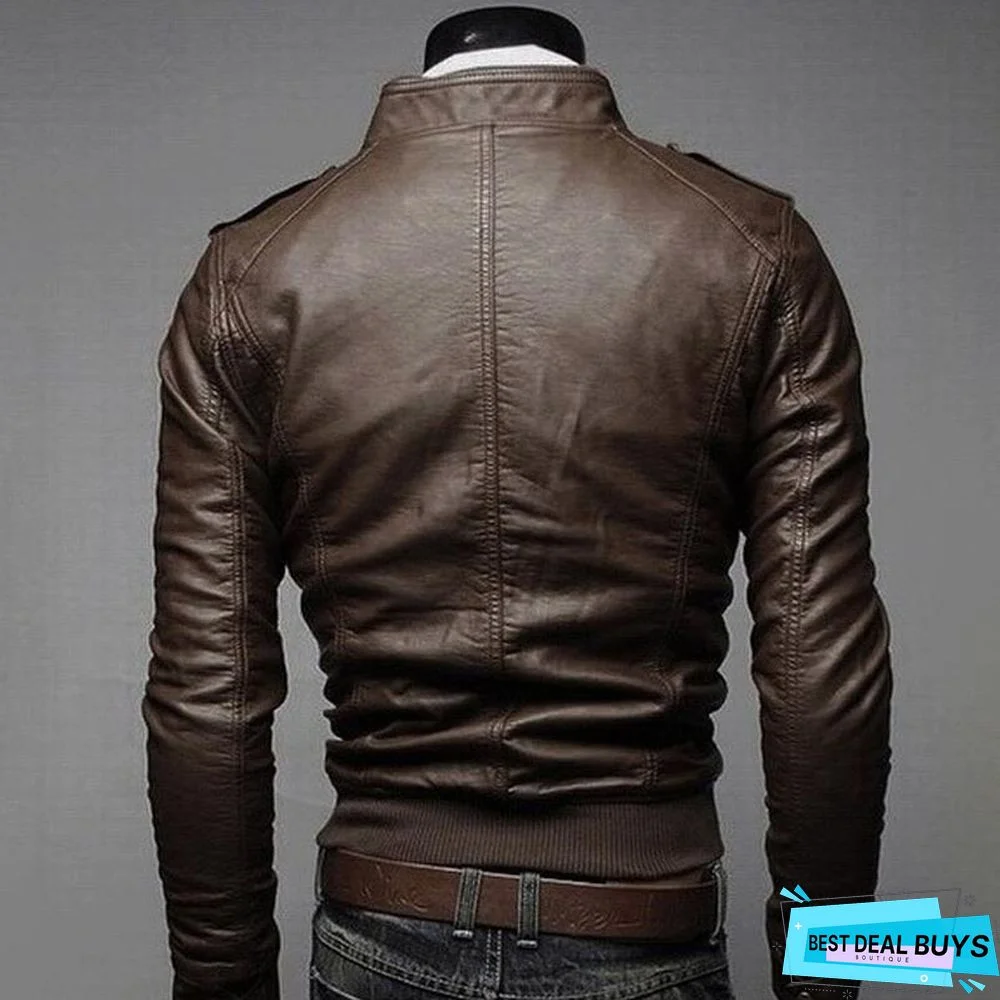 Fashion Men Vintage Motorcycle PU Leather Coats Stand Collar Long Sleeve Outwear Zipper Fitness Cool Jacket