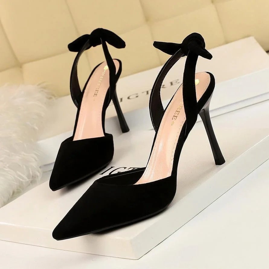 Fashion stiletto suede shallow mouth pointed toe hollow back strap small bow sandals