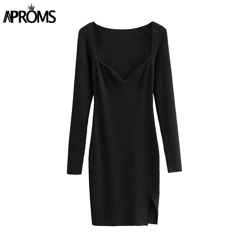 Aproms Elegant Square Neck Ribbed Knitted Dresses Women Casual Long Sleeve High Stretch Basic Bodycon Dress Streetwear Vestidos