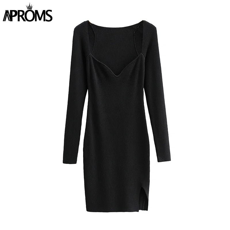 Aproms Elegant Sweetheart Neck Ribbed Knitted Dresses 2022 Women Casual Long Sleeve Stretch Basic Bodycon Streetwear Vestidos