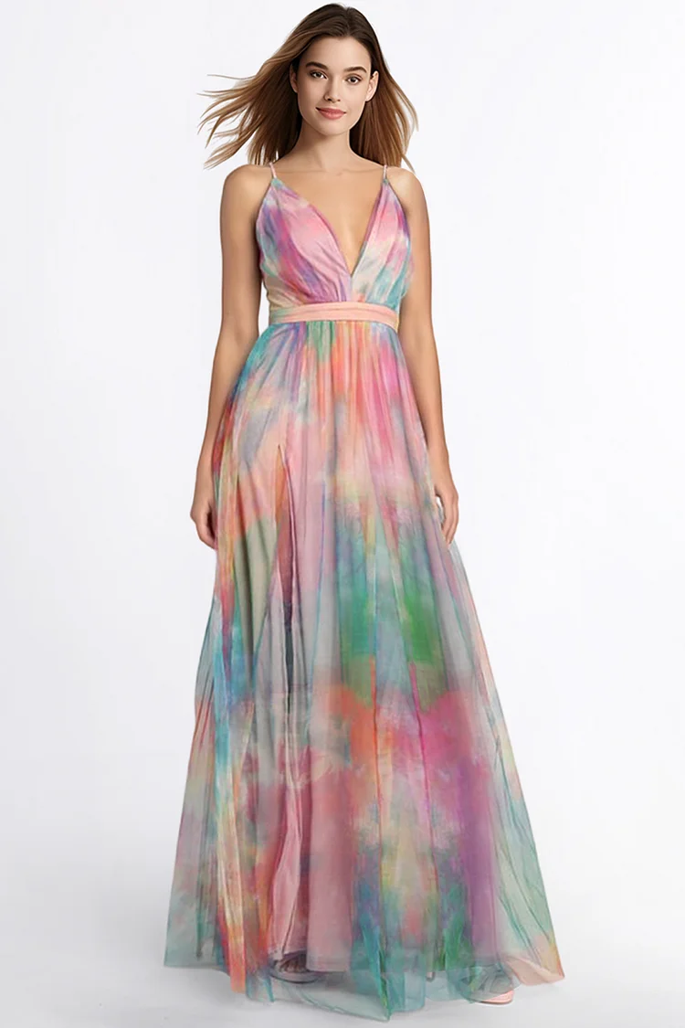 Zaruci Wedding Guest Multicolor Chiffon Tie Dye Slit Maxi Maxi Dress [Pre-Order]
