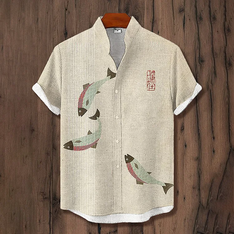 Men's Japanese Fish Art Print Linen Blend Shirt