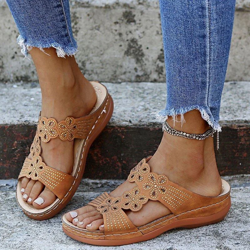 Women's Open-Toe Floral Cutout Rhinestone Soft Footbed Wedge Heel Slippers - vzzhome