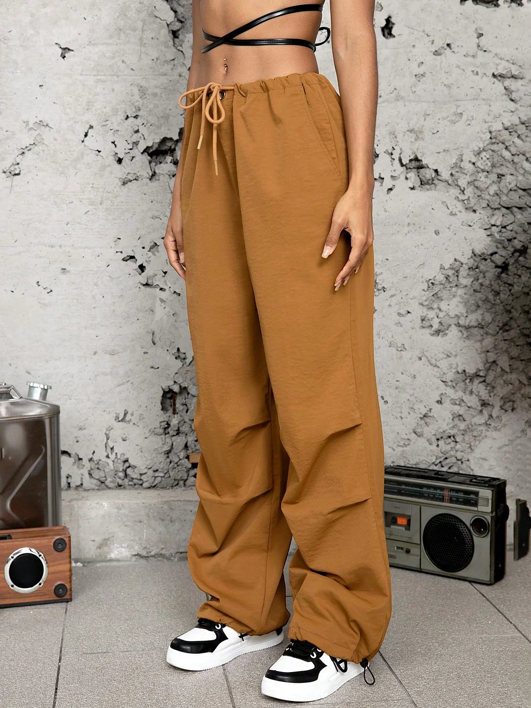 Solid Drawstring Waist Parachute Pants