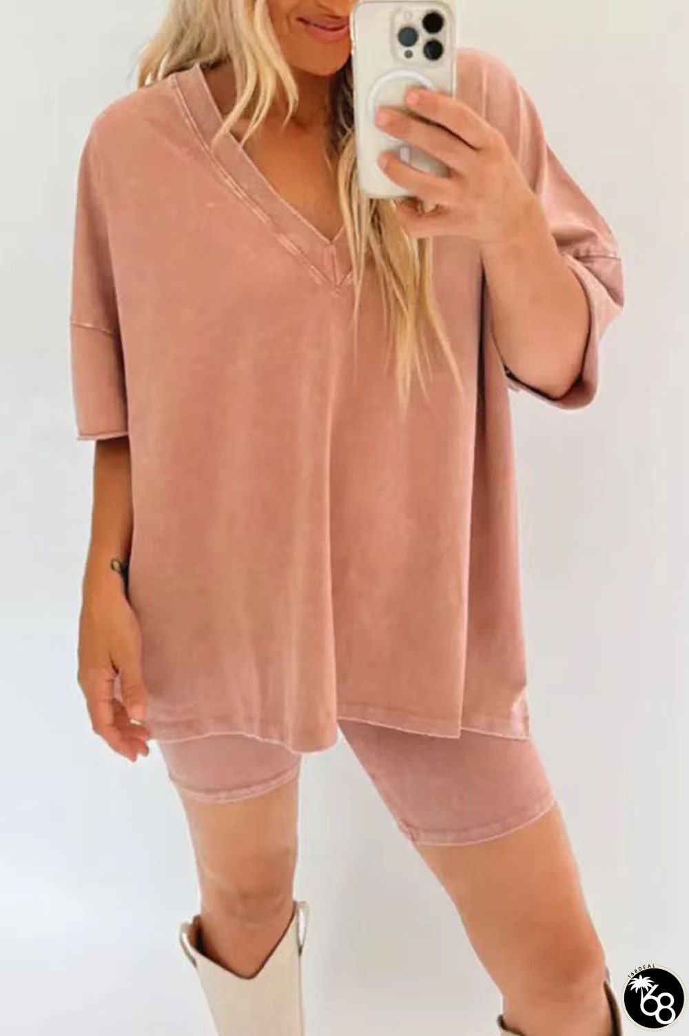 Tangerine Red Casual Simplicity Solid V Neck Short Sleeve Two Pieces | 168DEAL