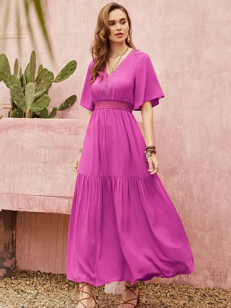 Lace Detail V-Neck Short Sleeve Midi Dress