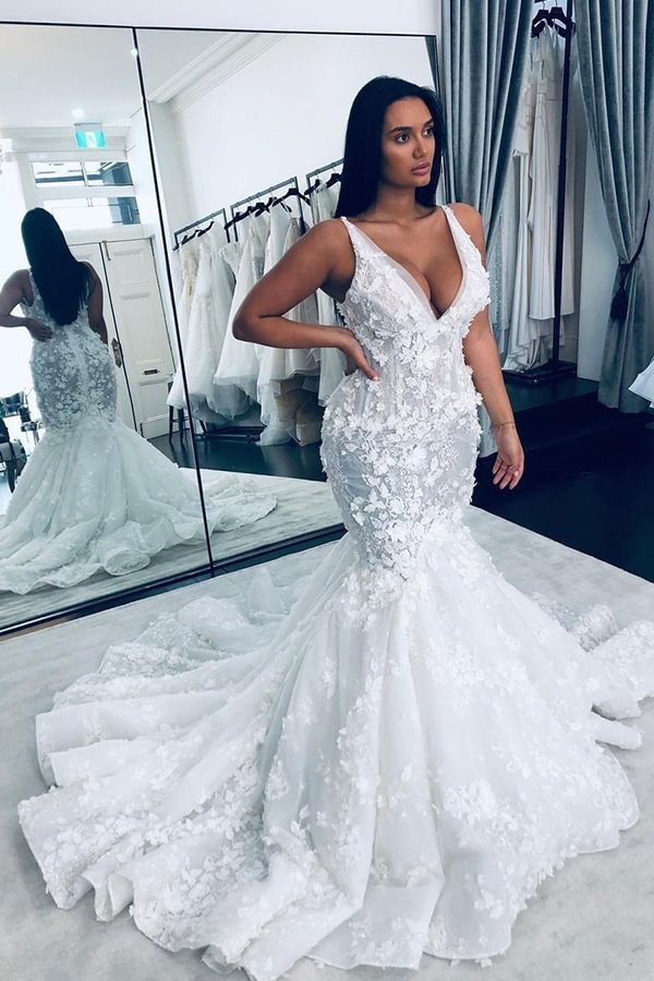 Glamorous Beaings Straps Floral Mermaid Wedding Dress With V-neck | Ballbellas Ballbellas