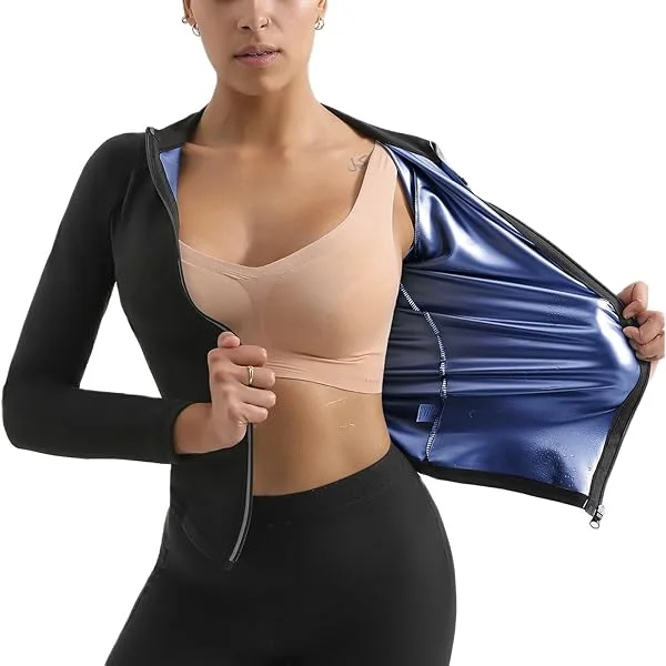 Sauna Suit Hot Sweat Body Shaper Jacket Waist Trainer Long Sleeve Zipper Shirt Workout Top Black Y5 Small/Medium