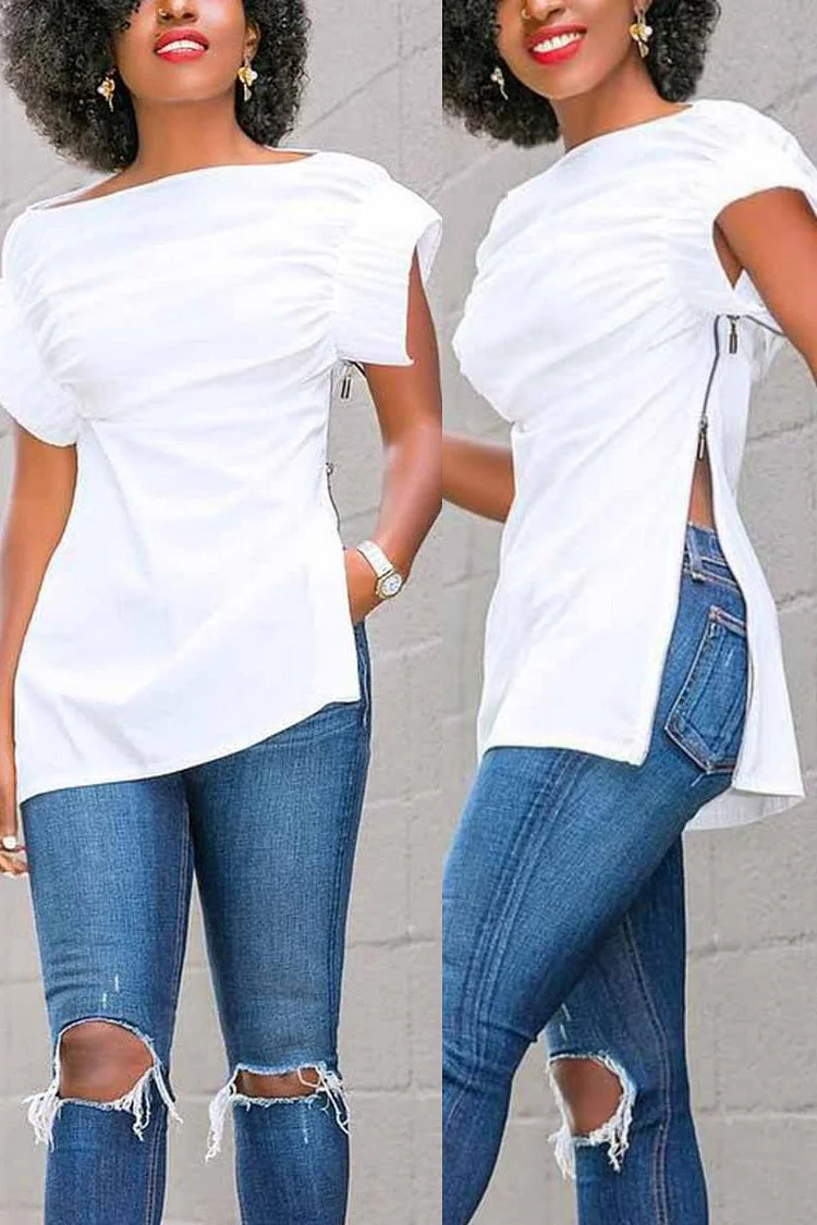 Plus Size Casual White Short Sleeves Split Blouse