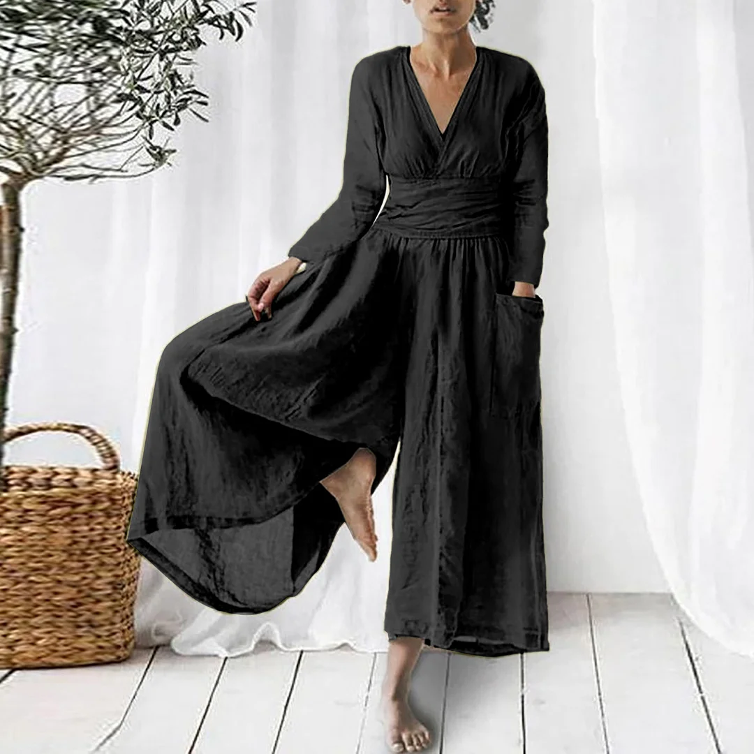 Women's Fashion Casual Loose Fitting Long Sleeved V-neck Long Jumpsuit