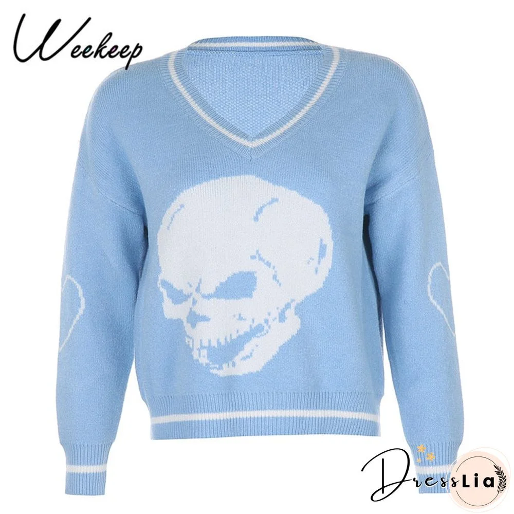 Weekeep Y2K Chic Print Streetwear Oversized Sweater Women'S Casual Autumn Winter Knitted Jumper Fashion Loose Knitwear Pullovers