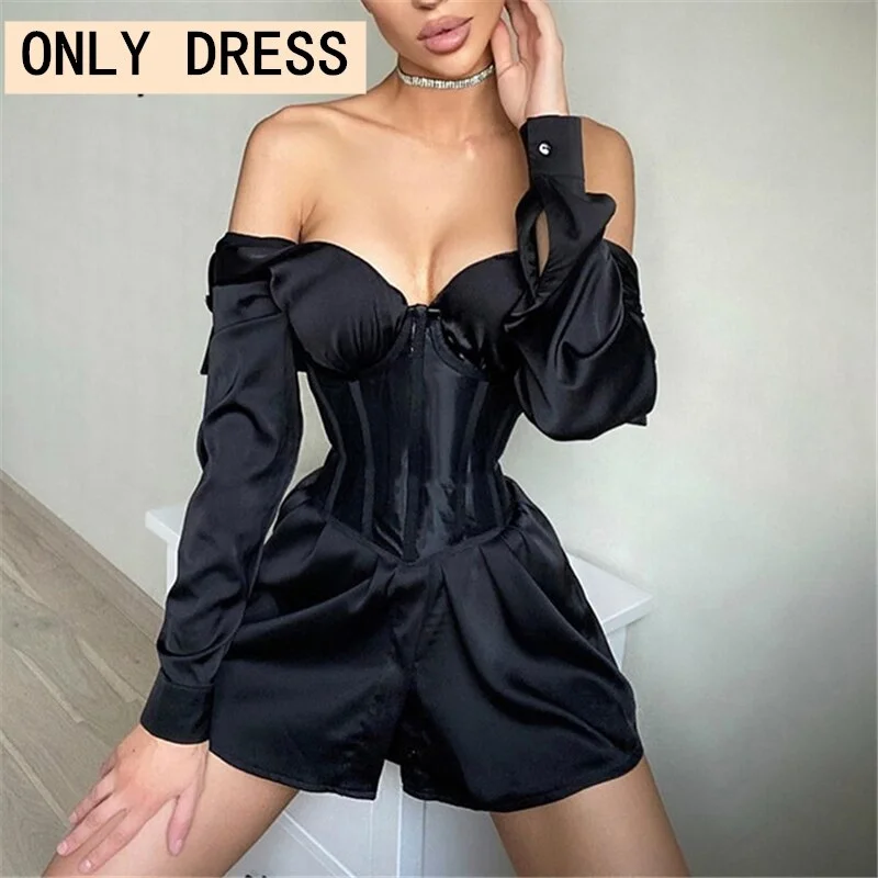 Sampic Sexy Women V Neck Mini Bodycon Corset Blouse Dress Party 2020 Fashion Night Club Ladies Black White Long Sleeve Dress