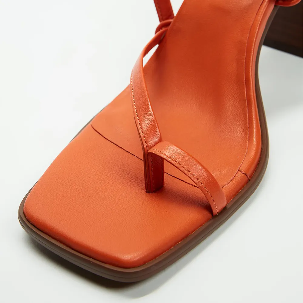 Orange Faux Leather Chunky Heel Ankle Strap Lace Up Toe Ring Sandals