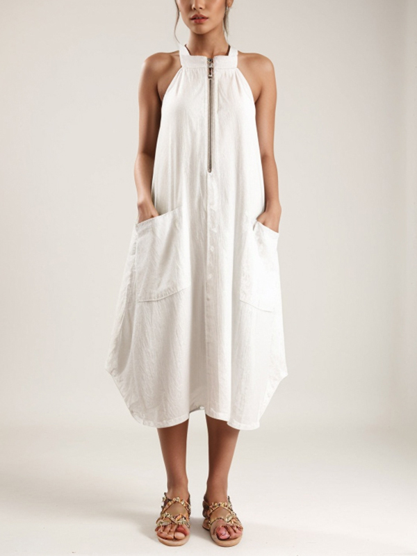 Half Zipper Sleeveless Large Pocket Midi Dress