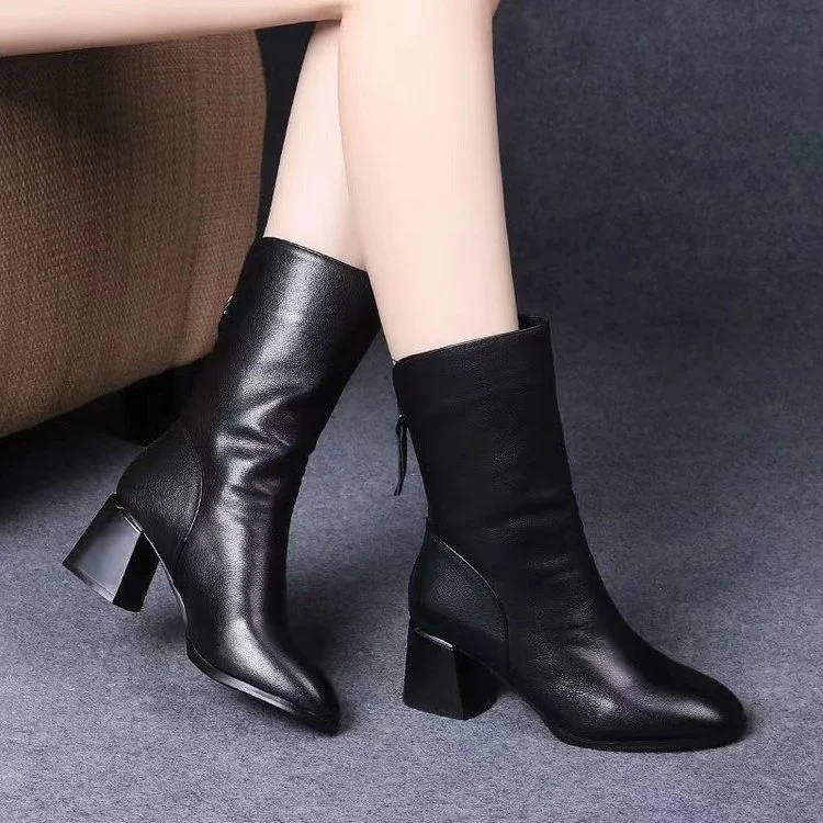 Wongn Wongn Women's Shoes Fashion Classic Versatile Thick Heel Medium Boots Leather Boots High Heel Women's Boots Tide