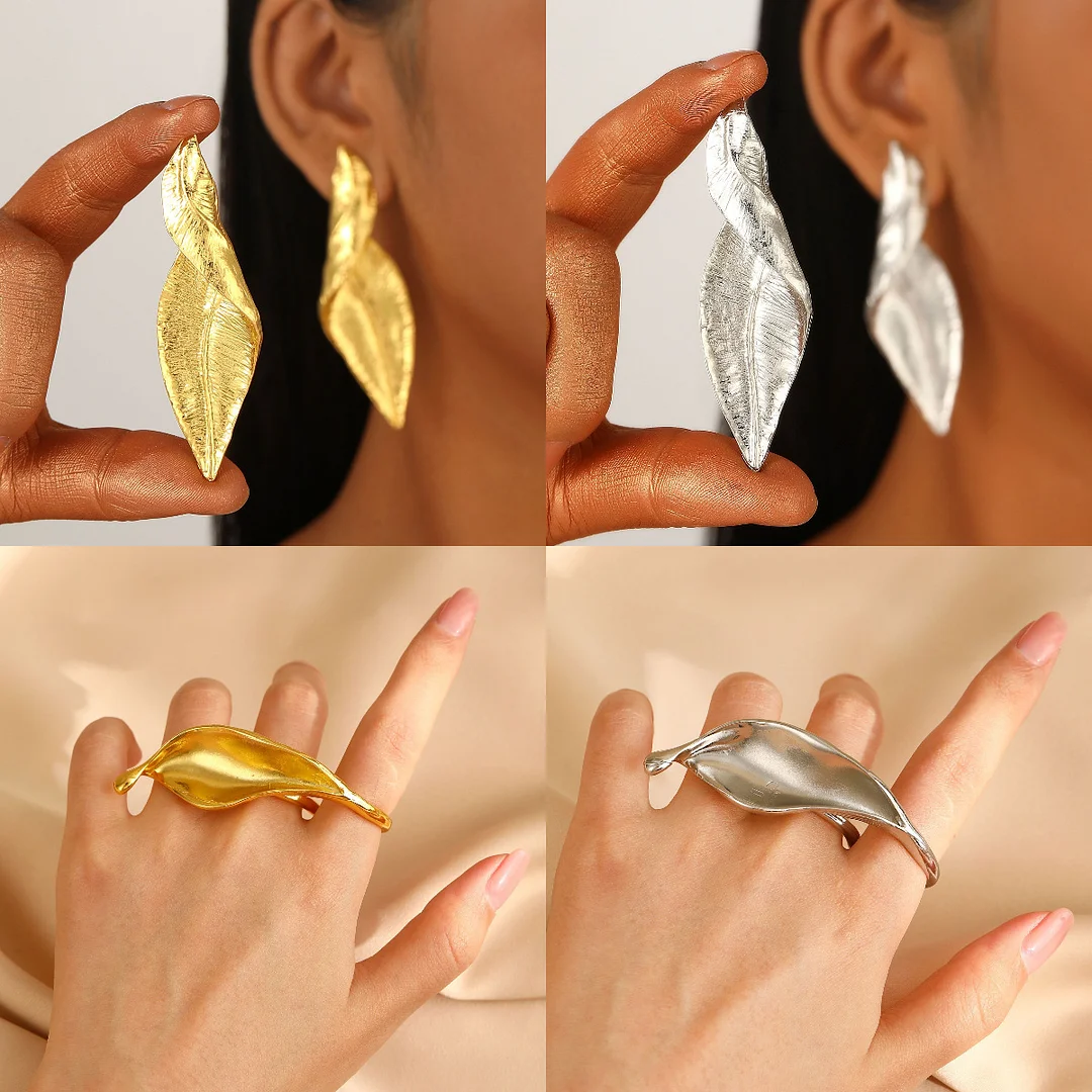 Frosted Leaf Gold-Plated Earrings/Ring