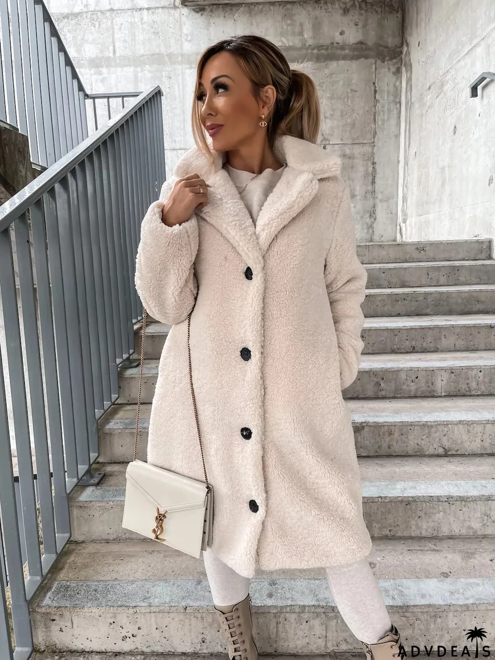 Autumn And Winter Women's Fleece Long-Sleeved Turndown Collar Women's Long Coat