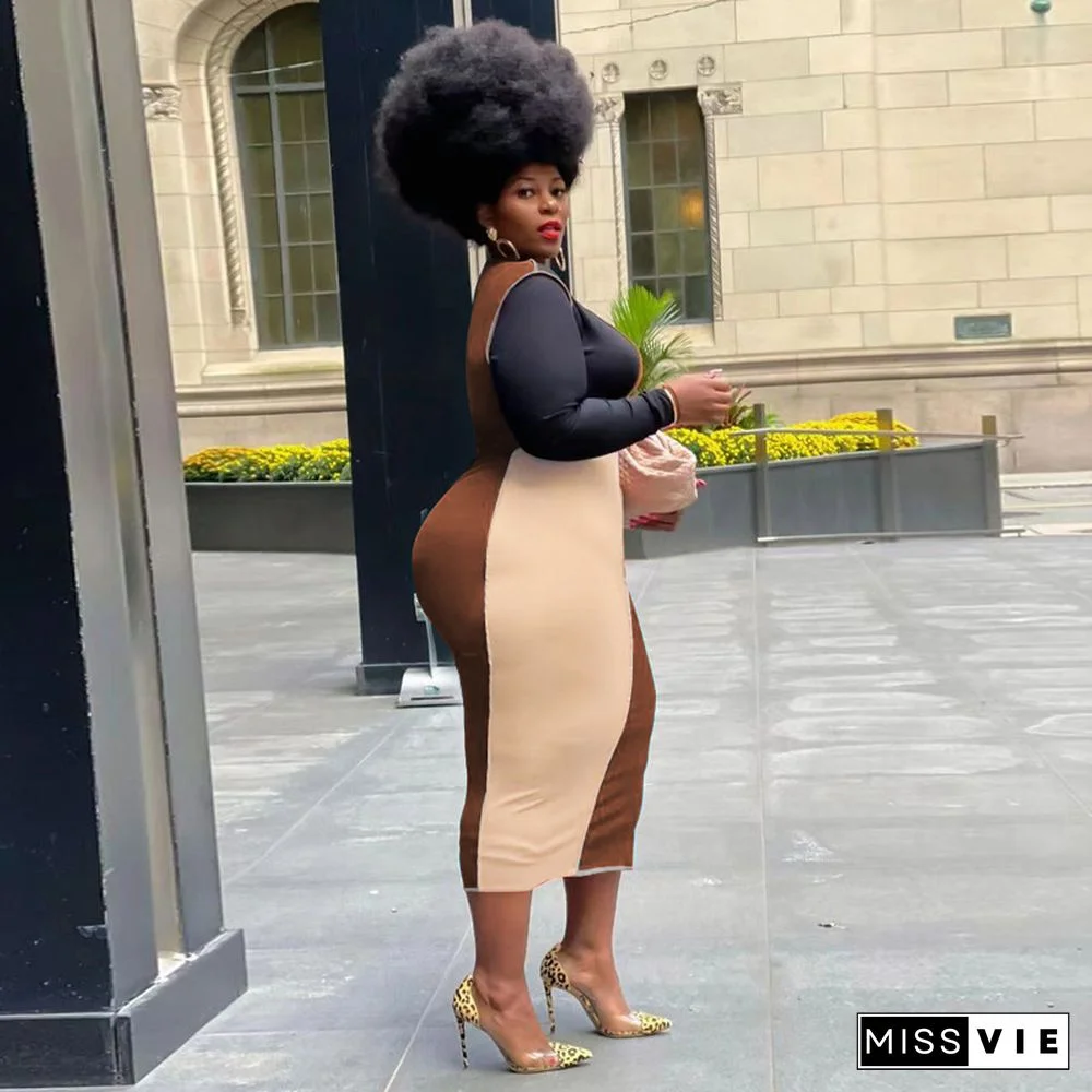 Plus Size Color Block O-Neck Bodycon Pencil Dress
