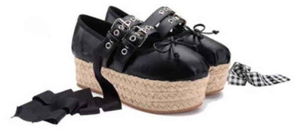 VCSHOES Girl's Bowtie Platform Sole Ballet Flats Shoes Woman Graid Riband Bandage Braided Thick Sole Round Toe Fishman Shoes