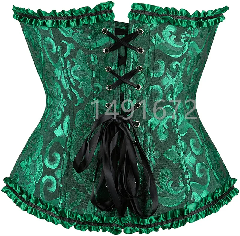 Billionm Green Corset Top Bustier Sexy Women's Plus Size Overbust Corselet Blouse Lace up Floral Gothic Brocade Vintage Fashion Medieval