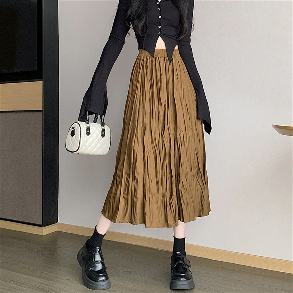 Hoakwheels Vintage Long Skirt Women Autumn Winter Casual A-line Pleated Skirts Female Korean Fashion High Waist Solid Color Maxi Skirts