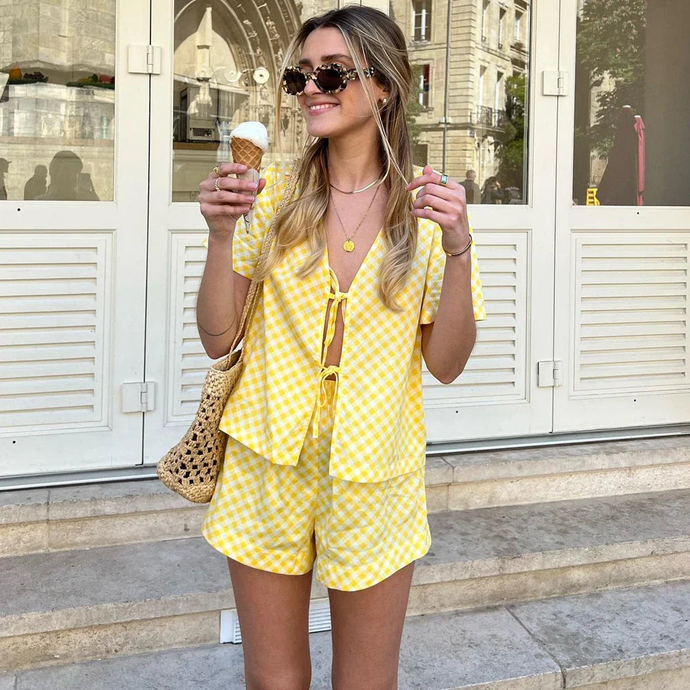 Llyge Women's Summer Outfits Plaid Front Bow Tie-Up Short Sleeve Peplum Shirts Tops+Elastic High Waist Shorts 2 Pieces Set llyge