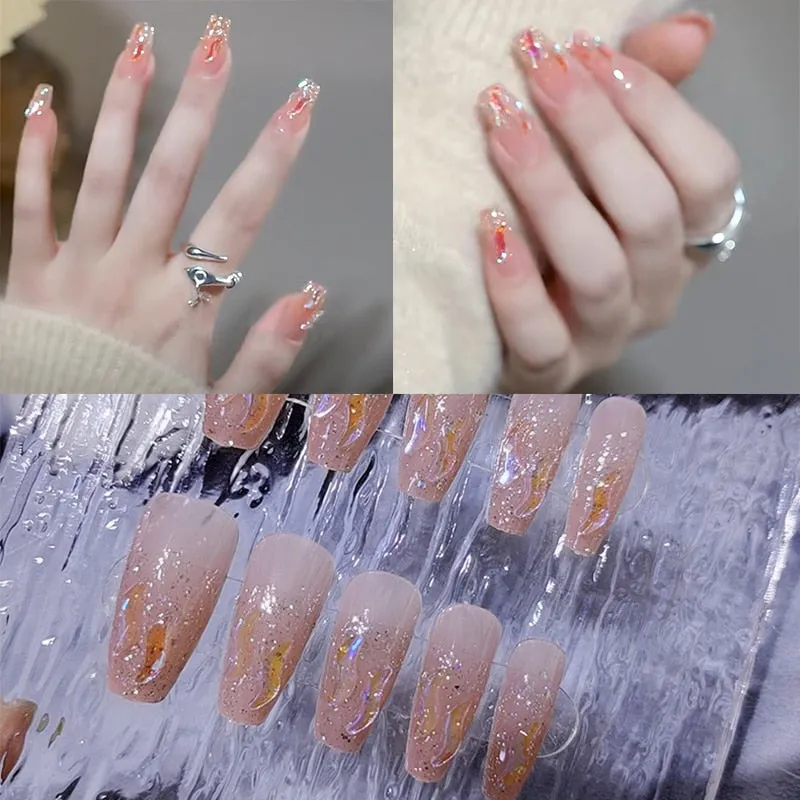 24pcs nail press ons Girl Fake Naisl with glue nail art Purple Star Moon Rhinestone Designs Short Full Artificial ネイルチップ-Nail Inspo