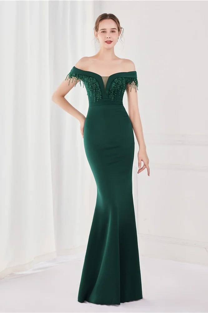Daisda Dark Green V-Neck Mermaid Off-The-Shoulder Evening Dress With Appliques Tassel