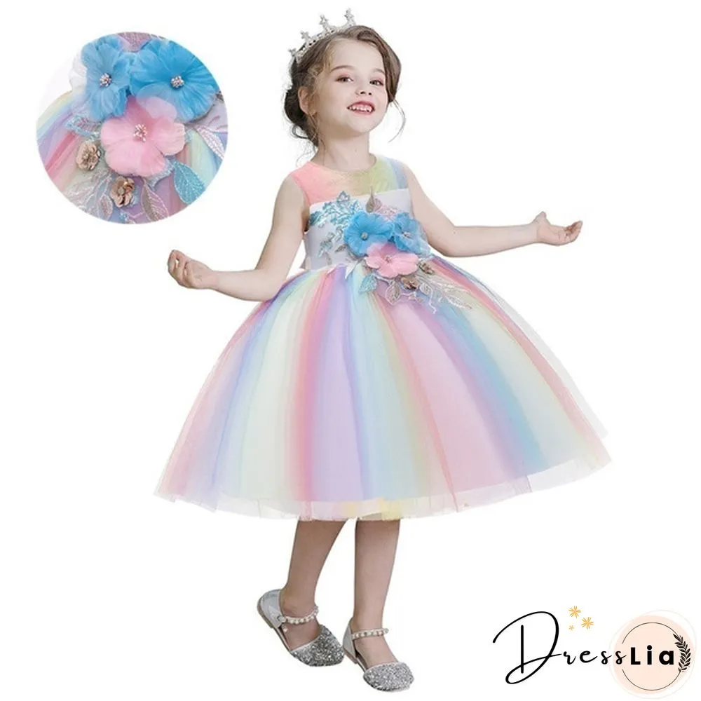 Unicorn Headband Princess Dress Children Summer Outfit kids fancy pony rainbow tulle tutu