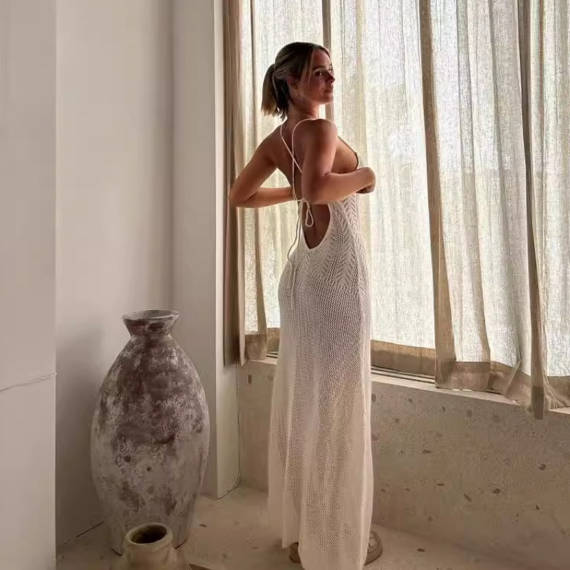 Ootddress Summer Knit Bandage Maxi Dress Female Hollow Out See-Through Printed High Waist Backless Beach Holiday Women Long Dress