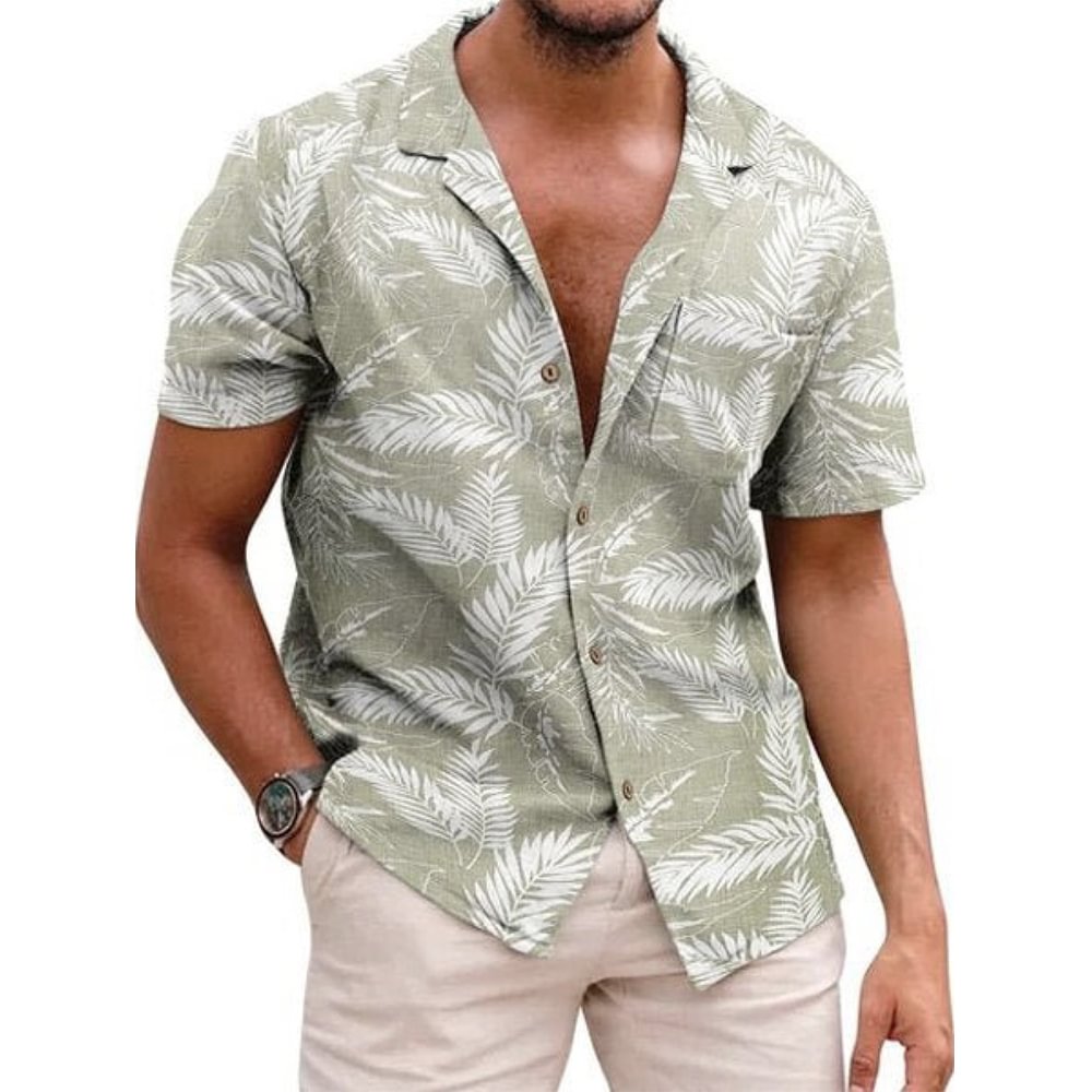 Men's Hawaiian Aloha Plain Cotton Linen Palm Leaf Loose Short Sleeve Shirt、、URBENIE