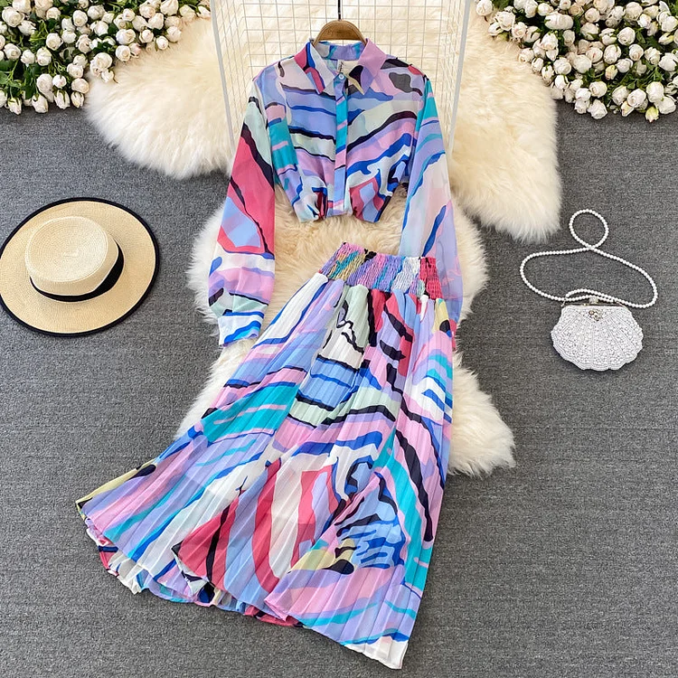 Printed Long Sleeve Shirt and Skirt Two Piece Set Flaxmaker 
